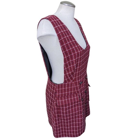 Joe Fresh Plaid Pinafore Dress Womens L Boucle Red White Black Pockets Academic - Picture 4 of 10